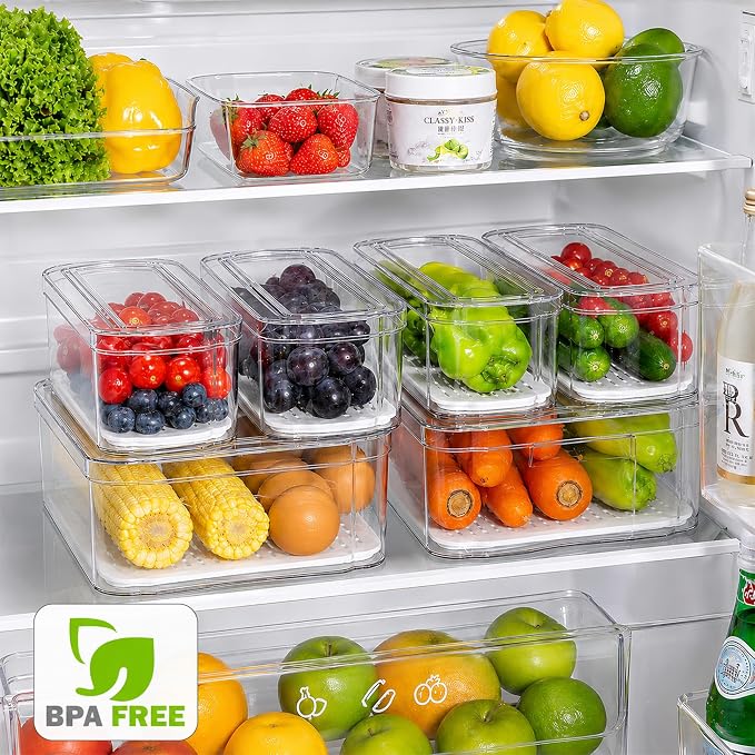 SMRCAD 10 Pack Clear Fridge Organizer Bins with Drain Trays - Stackable | BPA-Free PET, 10 Pack: 10 lidded Bins (Not drawer), Helps Keep Produce Fresh, 17.4L Capacity, Hand Wash Only - Image 3
