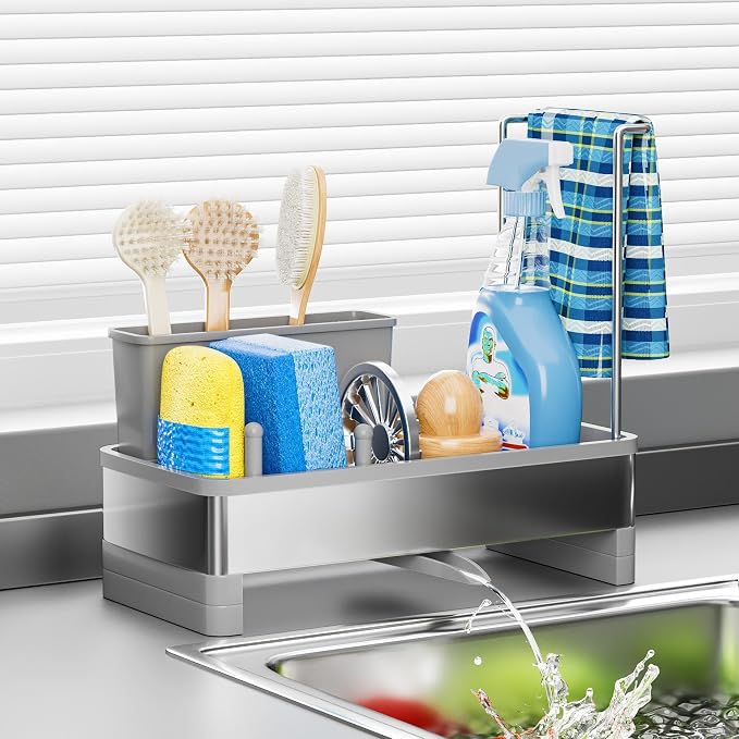 Ewaiira Stainless Steel Sink Caddy, Sponge Holder for Kitchen Sink 9.8″ | with Brush Holder Dishcloth Rack, Rustproof Sink Organizer Countertop, Soap Kitchen Organizers Storage Essentials, Gray by EwaiiraHomeStorageOrganizer