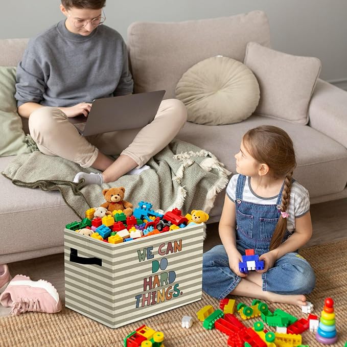 Rustic Boho Classroom Storage Bins Boxes with Handles | toys books clothes, we can do hard things grey striped nursery foldable basket for organizing bedroom toddler room playroom - Image 4