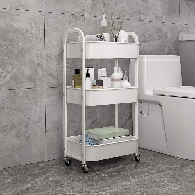 3-Tier Rolling Utility Cart with Caster Wheels,Easy Assembly, White | Easy Assembly, multi-purpose storage trolley for kitchen, rolling cart with smooth caster wheels for bathroom - Image 8