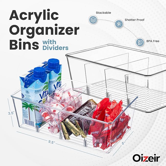 Oizeir Clear Pantry Organizer Bins 8-Pack - Fridge Organizer with 3 Removable Dividers, Ideal for Kitchen, Pantry, Refrigerator, Freezer, and Snack Storage - Image 2