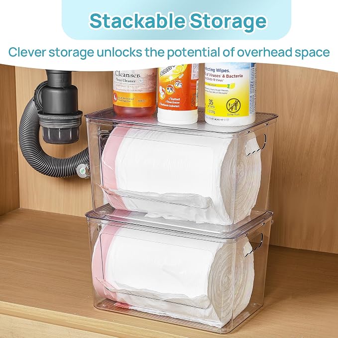 Vtopmart 2 Pack Clear Trash Bag Holder, Stackable Garbage Bag Dispenser | Trash Bag Organizer for 13/30/33 Gallon Bags, Clear Organizer Bins for Under Kitchen Sink, Laundry Room Organization - Image 5