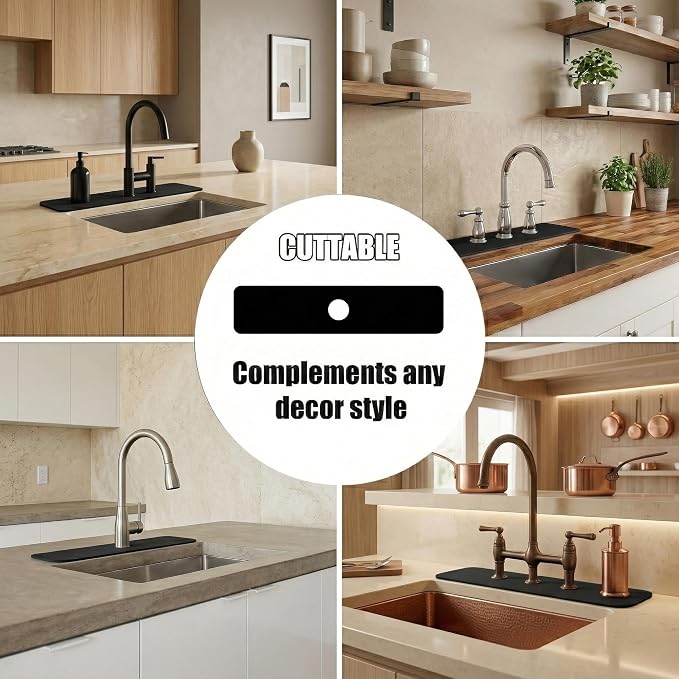 Cuttable Kitchen Sink Faucet Mat: 24"Lx5.5"W Splash Guard with Center Hole | Customizable Absorbent Non-slip Fabric Rubber Mat, Cut to Fit 2,3,4 Holes Irregular Sink with Soap Dispenser Air Gap - Image 3