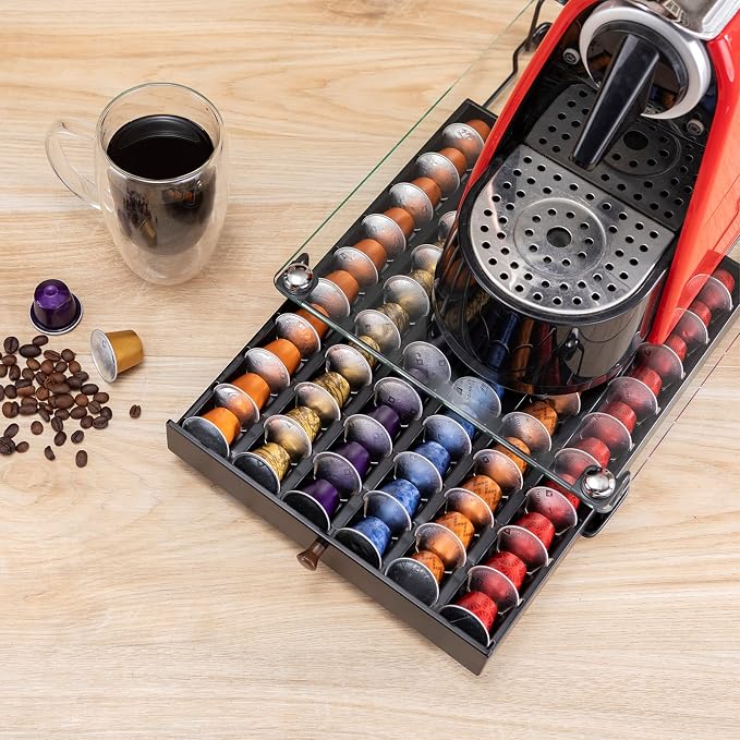 Nespresso Originaline Capsule Holder Drawer, 60 Pods, Glass | Save Counter Space, Smooth Pull-Out, Big Capacity for Cabinet Originaline Pod, Wooden handle - Image 6