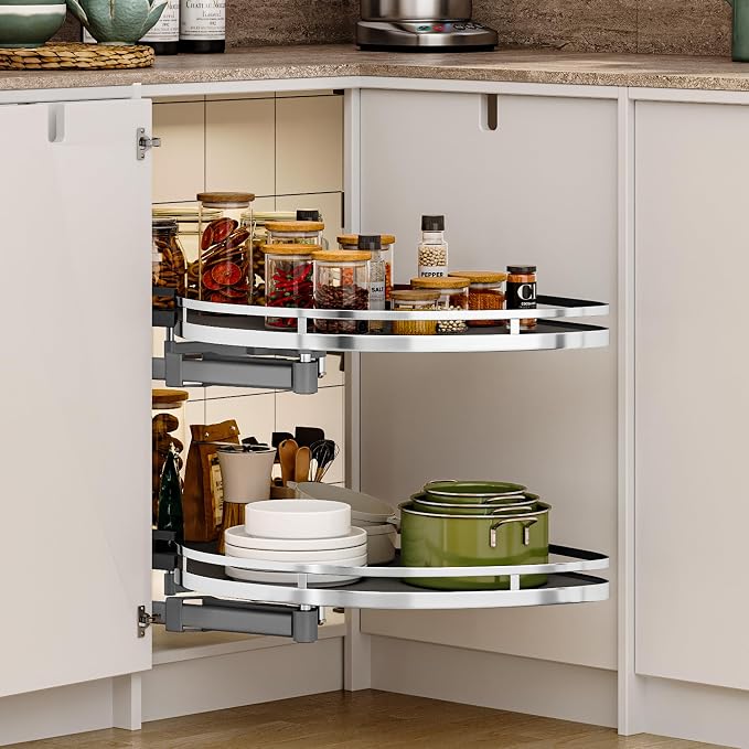 DWVO Corner Cabinet Organizer, 2-Tier Blind Corner Pull Out with 270° Rotating Shelf, Left Swing Tray, Heavy-Duty Iron, Easy-Install Template, 32.7"x17.3"x21.3", Gray - Image 6