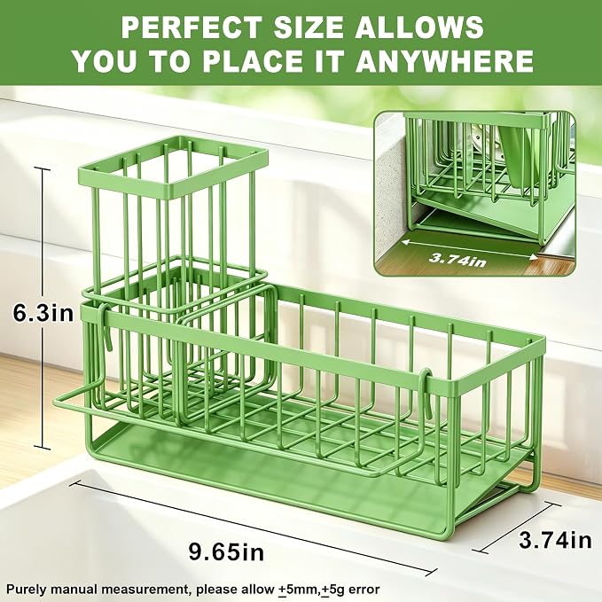 Sponge Holder for Kitchen Sink, Kitchen Sink Caddy, Kitchen Sink Sponge Holder, Dish Sponge Holder, Kitchen Sink Organizer for Sponge, Dish Brush, Scrubber(9.65" x 3.74" x 6.3", Avocado) - Image 2