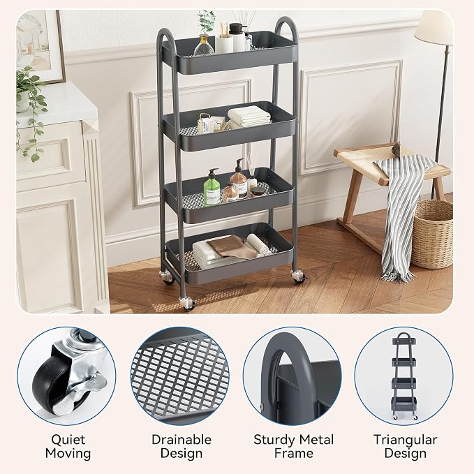 NEWBULIG 4-Shelf Metal Rolling Storage Utility Cart with Lockable Wheels | Mobile Organizer Shelf, Space-Saving, Freestanding, Bathroom, Living Room, Slim, Narrow Corner Spaces, Grey - Image 2