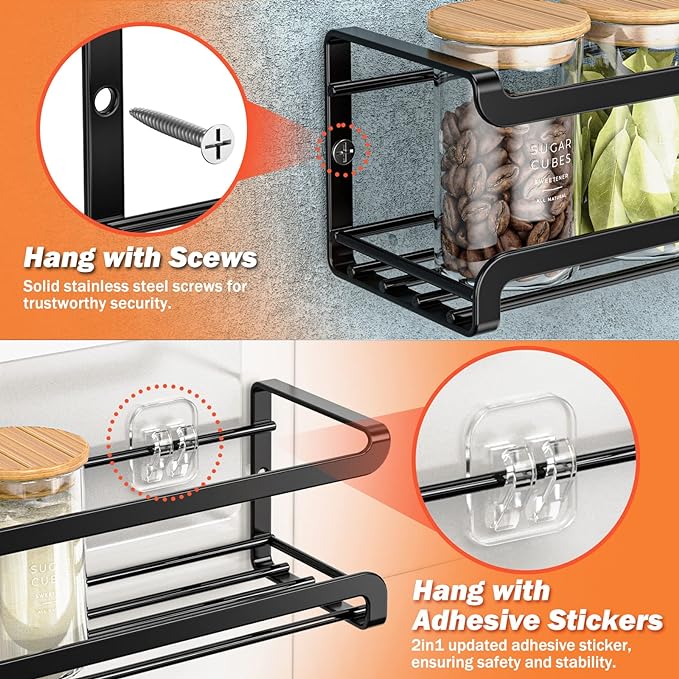 Bunoxea Spice Rack Wall Mounted 4 Pack, For Spice Jars & Seasonings,Black | 4 Removalble Hooks,Screw or Adhesive Hanging, Space-Saving,For Kitchen Cabinet, Pantry Door,Stove,RV Use,11.41x2.75x2.75in - Image 3
