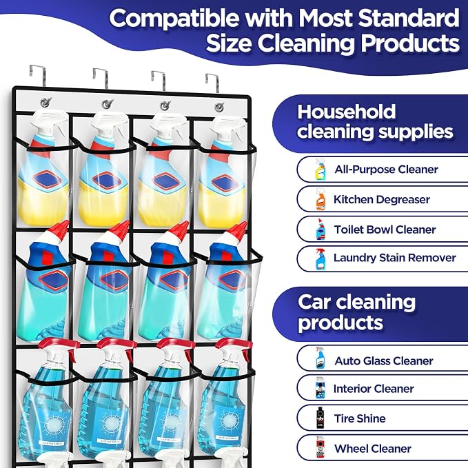 Clear Cleaning Supplies Organizer,Cleaning Products 24 Large Pockets | Over The Door All Purpose Cleaner Holder for Laundry Bathroom, Auto Glass Cleaner Organizer for Garage,Spray Bottle Holder - Image 4