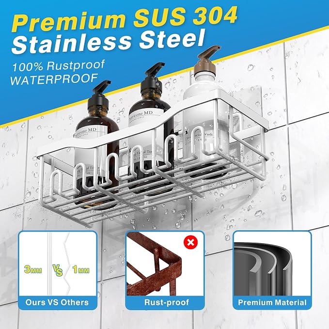 Shower Caddy 5 Pack,Adhesive Shower Organizer for Bathroom Storage&Home Decor&Kitchen,No Drilling,Large Capacity,Rustproof Stainless Steel Bathroom Organizer,Shower Shelves for Inside Shower-Larger - Image 5