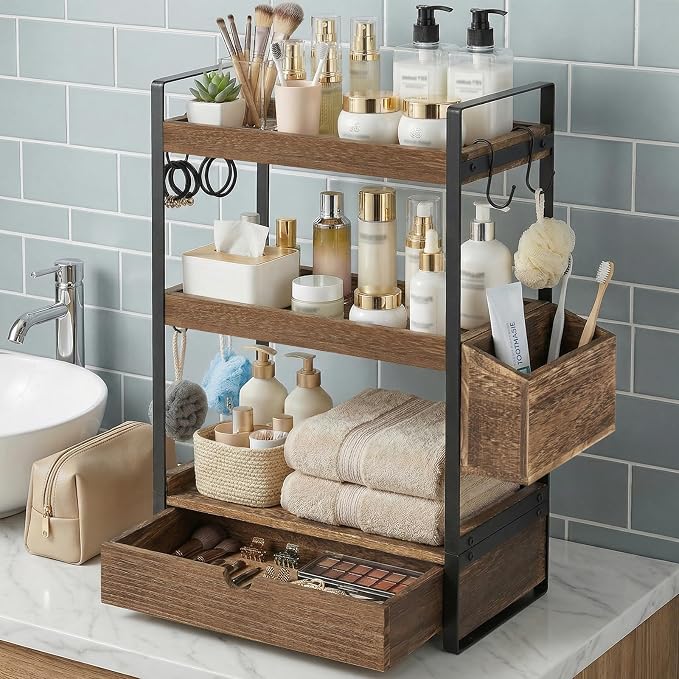 3-Tier Bathroom Counter Organizer with Drawer Basket and Hooks, Wood Bathroom Organizers and Storage for Countertop, Farmhouse Dark Brown Countertop Organizer, Counter Shelf for Vanity, Kitchen,Office - Image 3