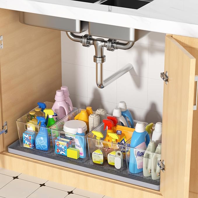 Waterproof Under Sink Mat 34"x22" with 4 Pcs Clear Plastic Storage Bins, Kitchen Bathroom Under Sink Organizer Set, Cabinet Shelf Liner Protection Mat for Pantry Apartment Home Organization Essentials - Image 3