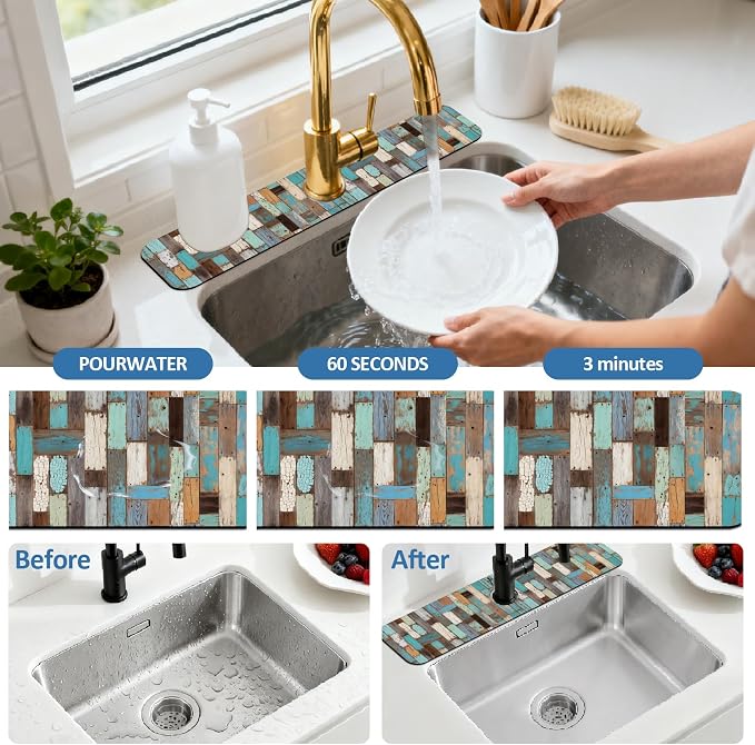 2 Pcs Colored Wood Grain Kitchen Sink Splash Guard Faucet Mat for Sinks Absorbing Drying Mats for Kitchen Bathroom, 23.6x5.5inch - Image 5