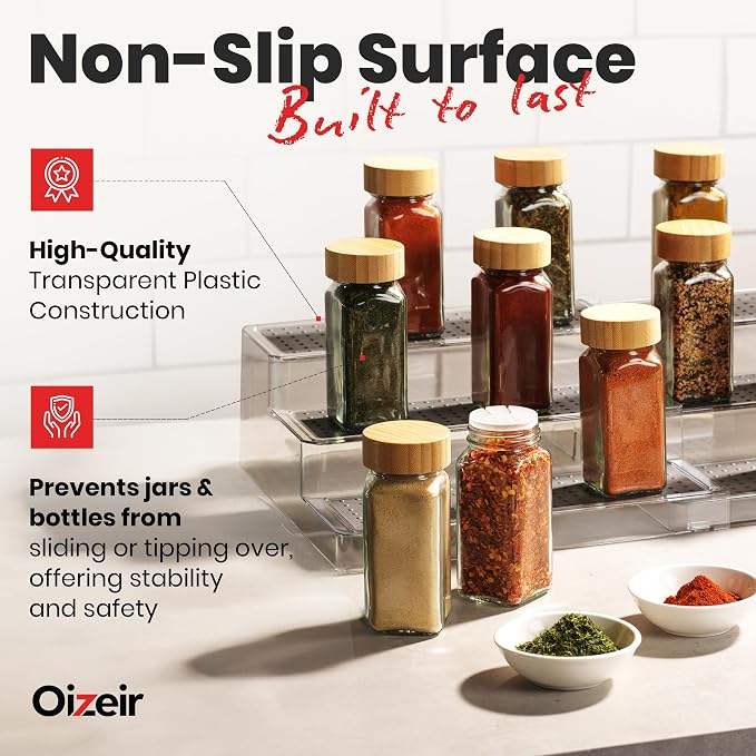 Oizeir Expandable Spice Rack Organizer for Cabinet (4 Pack), 3-Tier Clear Tiered Shelf, Non-Slip Adjustable Spice Cabinet Organizer for Kitchen Pantry, Medicine, Seasoning & Bottle Storage - Image 3
