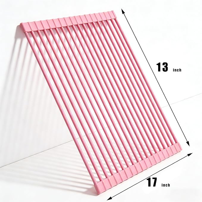Roll up Dish Drying Rack Over the Sink, Silicone Wrapped Stainless Steel, 17" x 13", Pink, Heat Resistant, Foldable - Image 3