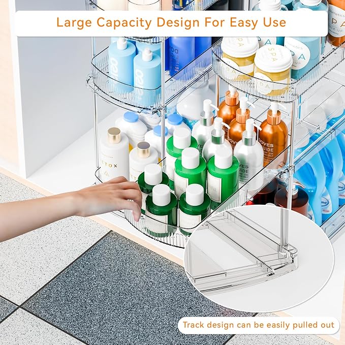 2 Pack 13.8″ Deep 3 Tier Under Sink Storage Organizer,Large Pull Out Bathroom Organizers and Storage,Slide Out Acrylic Undersink Storage Shelf,Kitchen Under Sink Organizer for Cleaning Products - Image 5