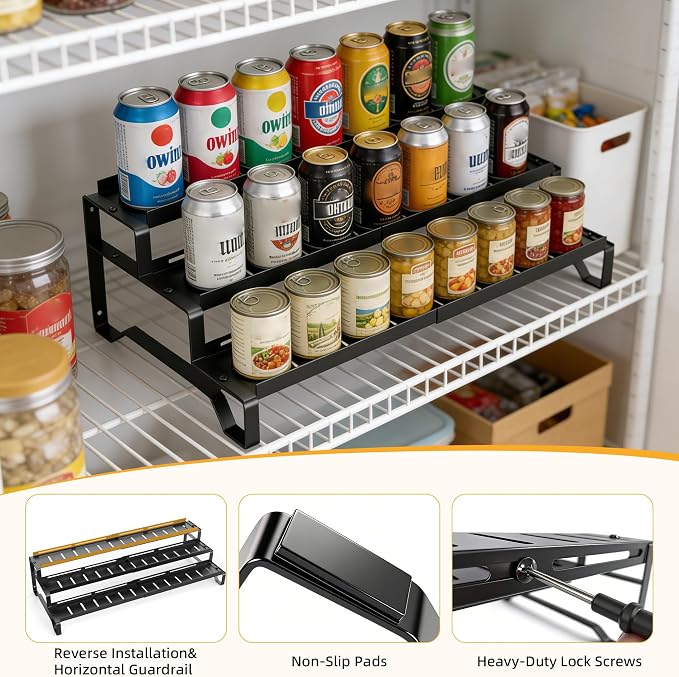 Expandable Can Organizer for Pantry, 3 Tier Metal Canned Food Storage 2Pack | 13"-21" Adjustable Length, Tiered Reversible Shelf Design, Large-Capacity Storage for Kitchen Cabinets & Countertops - Image 6