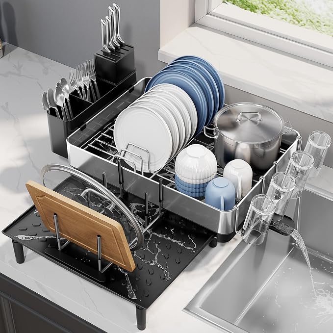 Urackify Expandable Dish Drying Rack, Stainless Steel, Large Capacity | Multifunctional Drainboard for Kitchen Countertop, Removable Cutlery Tray, Foldable Cup Holder, 20.4"L x 20"W, Silver - Image 7