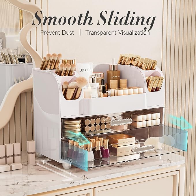 Delamu Large Makeup Organizer Countertop with 6 Brush Holders, White | Vanity Organizer with 2 Drawers, Gift for Women & Girls, Holds Perfume, Skincare, Lipstick, Nail Polish & Hair Accessories - Image 4