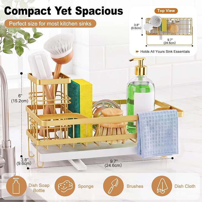 Sponge Holder for Kitchen Sink, Self-draining Sink Caddy, Gold | Metal Countertop Organizer with Towel Rack & Brush Holder, Rustproof Sink Storage Rack for Dish Soap and Cleaning Essentials - Image 2