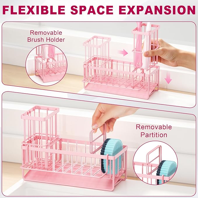 Sponge Holder for Kitchen Sink, Kitchen Sink Caddy, Kitchen Sink Sponge Holder, Dish Sponge Holder, Kitchen Sink Organizer for Sponge, Dish Brush, Scrubber(9.65" x 3.74" x 6.3", Pink) - Image 3