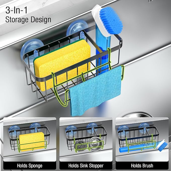3-in-1 Kitchen Sink Caddy Organizer with Sponge Holder, Brush Holder, Extra Rack for Scrubber, Sink Stopper, Dish Cloth Hanger - Strong Dual Suction Cup, 2.0mm SUS304 Stainless Steel - Black - Image 2