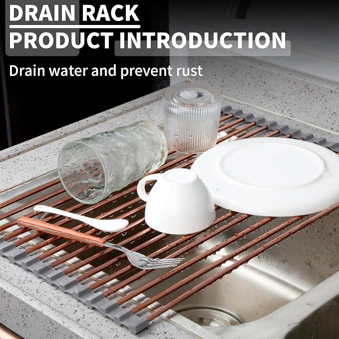 11.8" x 17" Expandable Roll Up Over The Rack Sink Cover Kitchen Dish Drying Rack,SUS304 Stainless Steel Multipurpose Collapsible Organizer Dish Drying Rack for Kitchen Sink Cover,Rose Gold - Image 4