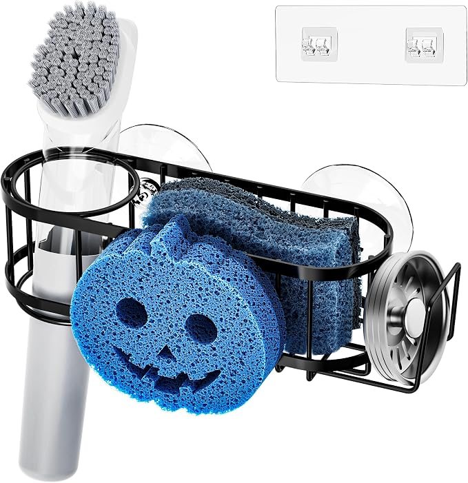 Cisily Sponge Holder Smiley Face, Sink Caddy for kitchen Sink, Kitchen Organizer Sponge Holder with 2 PCS Suction Cups and Adhesive Strips, Designed for Sponge, Soap, Dish brush, Scrubber-Black - Image 3