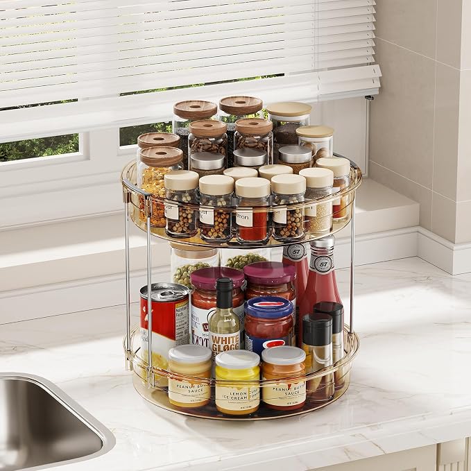 LAMU 2 Pack 2 Tier Lazy Susan Turntable Organizer 12'' Rotating Spice Rack Organization for Cabinet, Kitchen, Pantry, Countertop, Bathroom, Vanity, Medicine Cabinet Organizer, Amber - Image 7