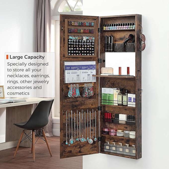 GISSAR Jewelry Mirror Armoire Wall Mount Over The Door Mirror Jewelry Cabinet Storage Mirror Organizer Lockable Full Length Door Mirror,Vintage Brown, GMJ2003V - Image 3
