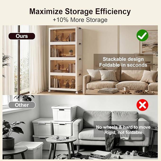 4 Tier Stackable Storage Bins with Lids, 96QT Large Capacity Storage Cabinet (24QT Per Tier), Foldable Closet Organizer with Wheels and Front Opening Doors for Clothes, Toys, Pantry, Bedroom - Image 4