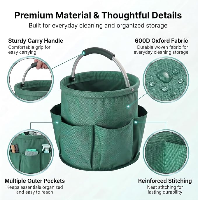 Cleaning Caddy with Handle, Large Supply Organiser 17L with 6 Pockets, Cleaning Products Organiser, Foldable Storage Basket, Portable Cleaning Caddy for Home (Green) - Image 3