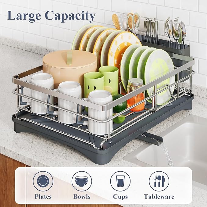 SAYZH Dish Drying Rack for Kitchen Counter with Utensil Holder, Silver | Stainless Steel, Large Capacity, Angled Drainboard, Rotating Spout, Removable to Clean - Image 2