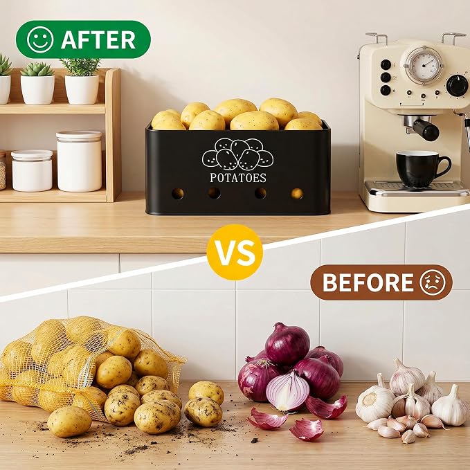 3 Pack Potato Onion Garlic Storage Set, Bamboo Lids | Metal Vegetable Storage Bins with Vents, Large Capacity Canister Black Food Container for Kitchen, Pantry - Image 4
