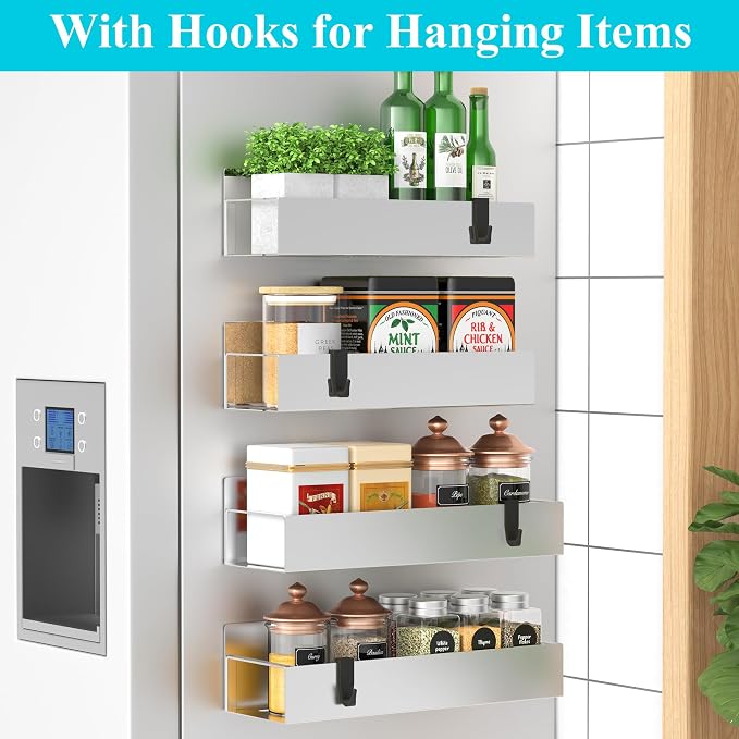 Metal Magnetic Spice Rack for Refrigerator Silver, 4 Pack | Magnetic Shelves Heavy Duty for Fridge in Kitchen, Seasoning Storage Organizer, For Oven Washer and Dryer, For Heavier Items - Image 2