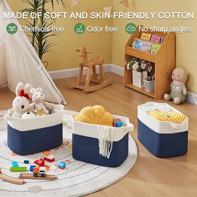 OIAHOMY Storage Basket, Woven Baskets for Storage, Cotton Rope Basket for toys,Towel Baskets for Bathroom - Pack of 3,White Blue - Image 7
