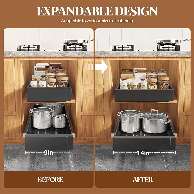 Seinloes 4 Pack Expandable Pull Out Cabinet Organizer 21" Deep With Raising Pad for Framed Cabinets,Upgrade 3 Slide Rails Slide Out Drawers,No Drill Roll Out Shelves,Adjustable Width 9"-14" Black - Image 5
