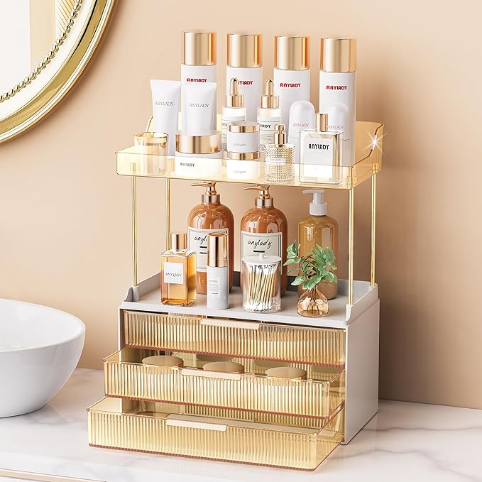 Anylady Bathroom Organizers and Storage, Makeup Organizer (Sturdy Durable Attractive), Ideal for Vanity, Countertop, Counter, Perfume, Skincare, Cabinet, Cosmetic, Dresser Organizer (Gold) by Anylady