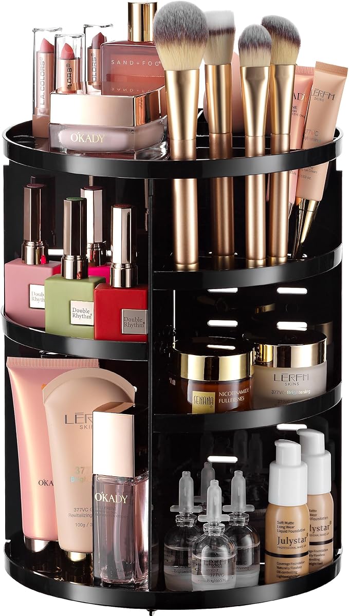 Masirs 360 Rotating Makeup Organizer Countertop, Adjustable Shelf, Black | 360-Degree Rotating Makeup Organizer, Adjustable Shelf Height, Cosmetic Perfume Skincare Storage, Vanity Countertop, Black by Masirs