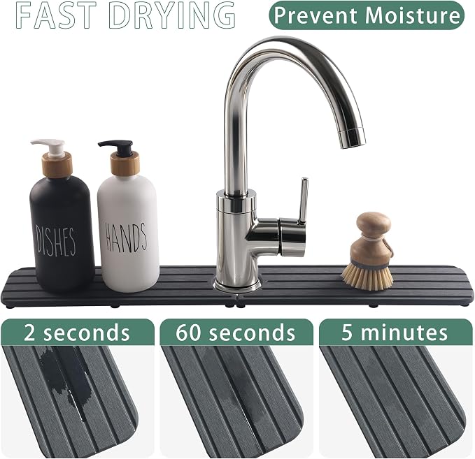 NiuYichee Faucet Mat for Kitchen Sink, Water Absorbing Diatomite Stone Tray | 23.6" x 3.9" Sink Coaster for Bathroom Counter, Stone Drying Mat, Sink Splash Guard, Fast Drying-Prevent Moisture, Dark Gray - Image 4