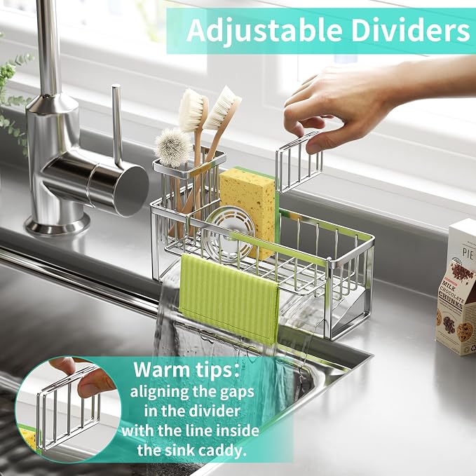 HapiRm Sponge Holder for Kitchen Sink - Self-draining Rustproof Organizer | Sloping Self-draining, Detachable Brush Holder, Stores Sponges, Brushes & Dishcloth, For Countertop Storage, Silver - Image 4