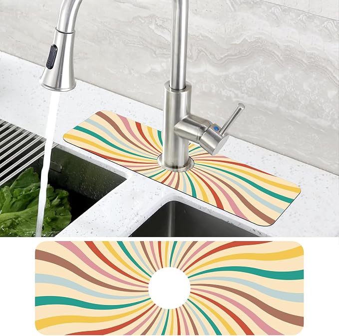 Groovy Retro Swirl Kitchen Sink Splash Guard Mat Absorbent Fast Drying Mat Faucet Draining Mat Sink Splash Guard Behind Faucet Drip Catcher for Kitchen Bathroom 5.5"×15" - Image 4