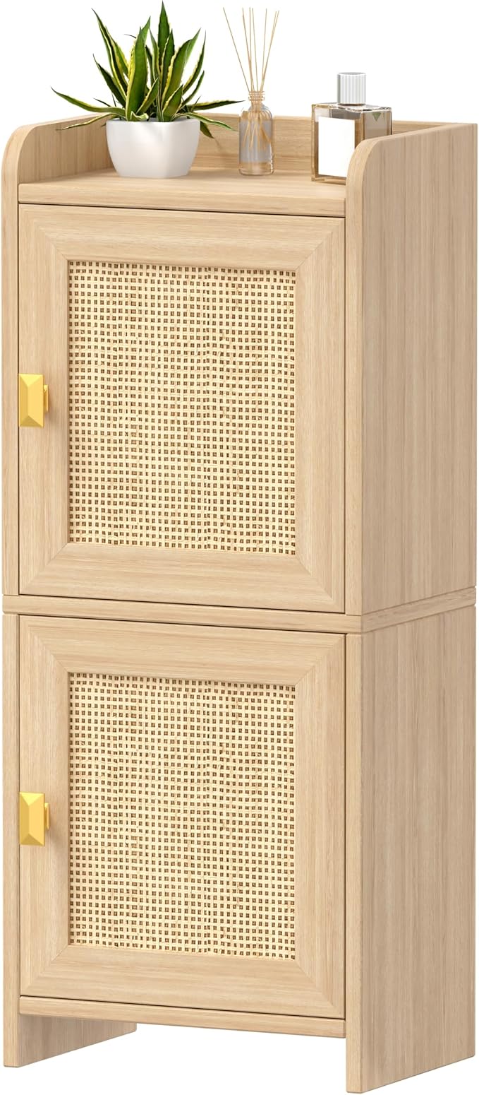 Akxomel Rattan Small Bathroom Cabinet Narrow Toilet Paper Organizer Oak | 7.9''D x 11.8''W Bathroom Organizer and Storage Cabinet for Small Space, Slim Corner Unit with Adjustable Shelf by Akxomel