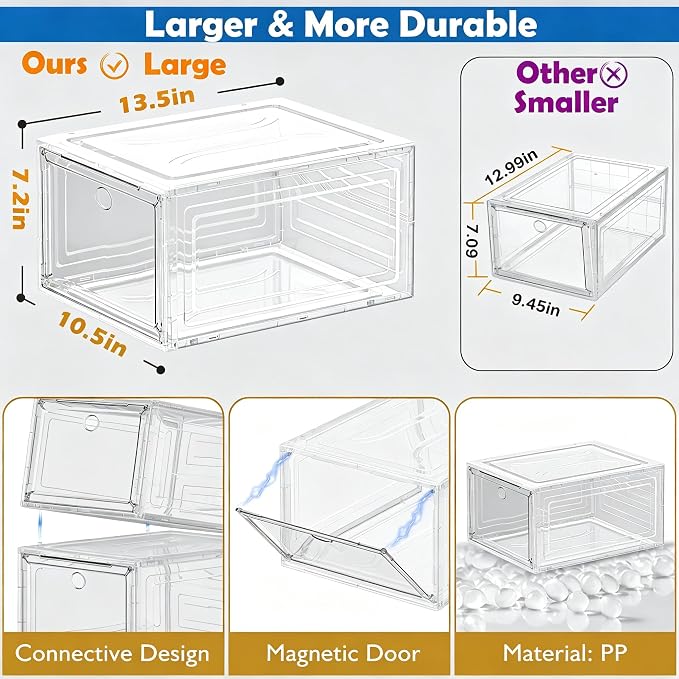 Sturdy Clear Shoe Organizer with Magnetic Door, Stackable Shoe Storage Box | Thick Plastic Shoe Storage for Sneakers & Boots, Collapsible Closet Shoe Rack and Clear Shoe Box, 6 Pack White - Image 7