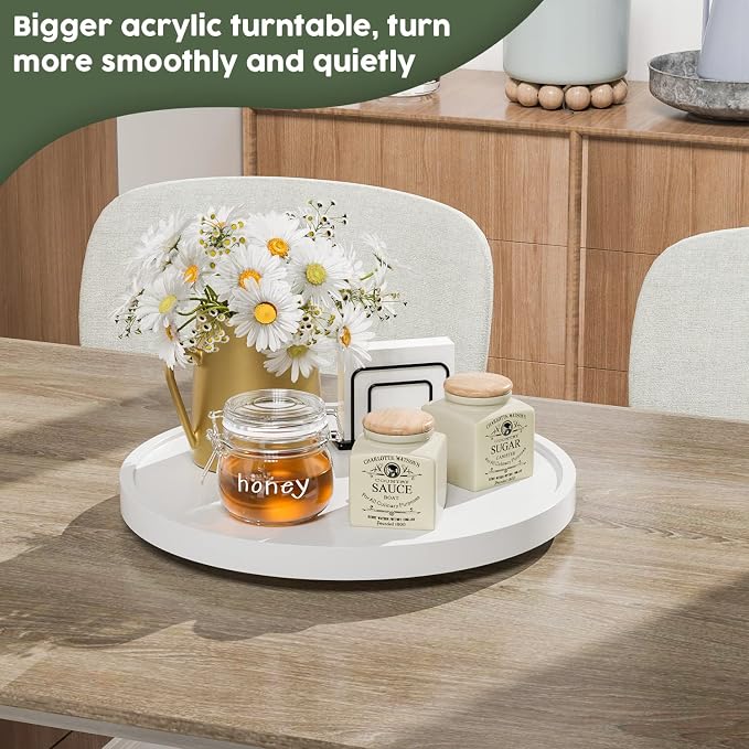 White Lazy Susan for Table, 12 Inch Non-Skid Bamboo Turntable Organizer | Salt Pepper Spices and Olive Oil Next to Stove, Wooden Lazy Susan Organizer for Kitchen Countertop Organizer - Image 3