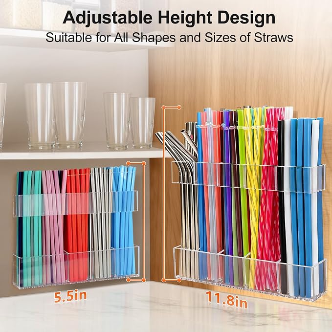 9.5” Large Acrylic Straw Holder for Cabinet Door, Adjustable Two-Part | Reusable Straws Organizer with Ultra Sticky Adhesive Strips, 2026 Straw Storage for Kitchen Cupboard (Transparent) - Image 2