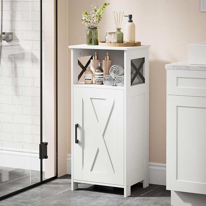 Homhedy Farmhouse Bathroom Storage Cabinet with Doors, Small Floor Cabinet | Toilet Paper Cabinet with Adjustable Shelf, Freestanding Storage Cabinet for Kitchen/Laundry/Living Room, 14"W, White by Homhedy