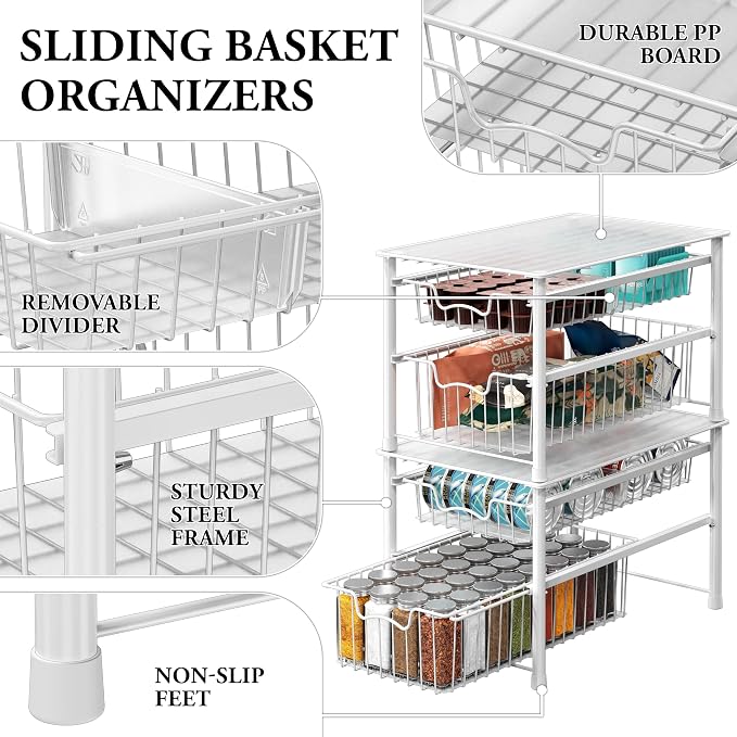 Simple Houseware Stackable Sliding Basket Organizer Drawer, White, 2-Tier (Pack of 2) - Image 4