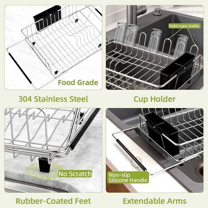 in Sink Expandable Dish Drying Rack with Silicone Mat-Extra Large Stainless Steel Dish Drainer Over The Sink with Utensil Holder, Applicable for Sink Width 16'-22' (Silver,23.2'*12.2') - Image 6