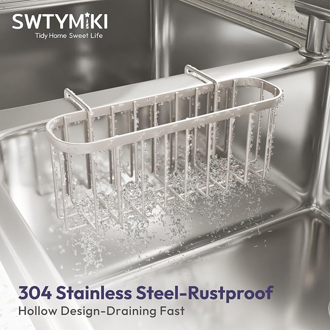 SWTYMIKI Sponge Holder for Kitchen Sink with Partition, Movable Kitchen Sink Caddy with Compact Size Rustproof and Waterproof Hanging Sponge Caddy for Double Bowl Sinks,Sand Nickel - Image 4